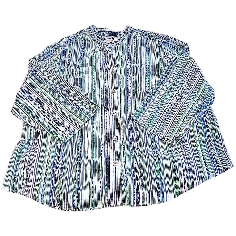 Alfred Dunner Womens Size 20w Blue And Green Striped Button-Up Shirt